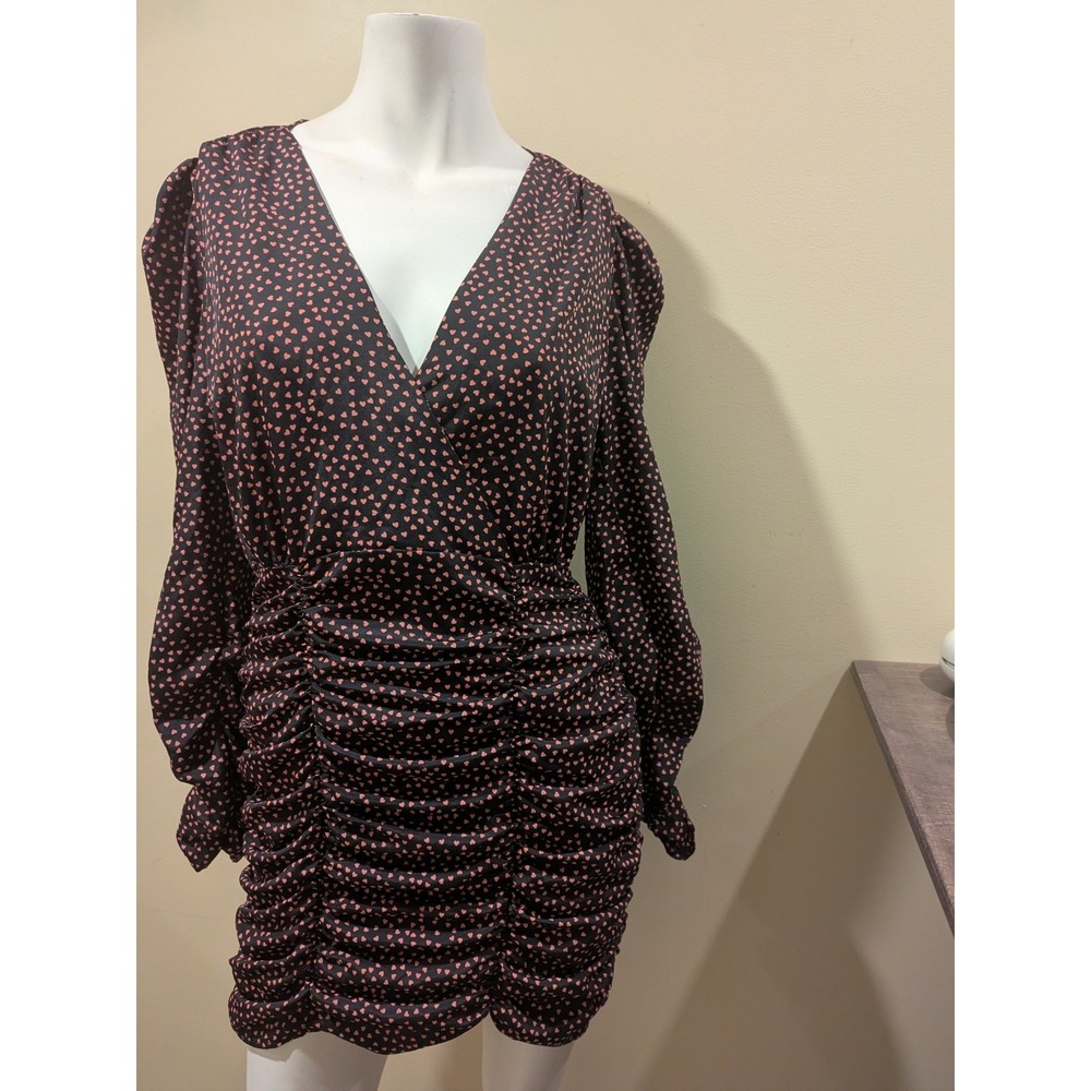 Zara Dress Size XS Womens Pink Black Hearts Long Sleeve V-Neck Mini Ruched